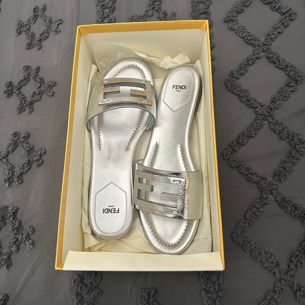 Fendi Metallic Silver Slide Sandals